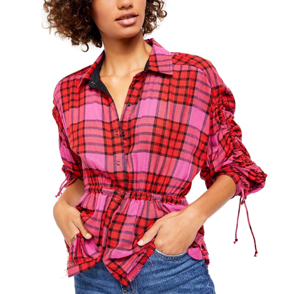 Free People Red and Pink Plaid Button Down Shirt